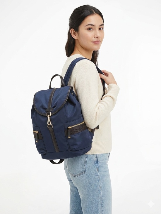 Calvin Klein Handbags - Calvin Klein Navy Nylon & Leather Trim Flap Backpack | Gold Hardware